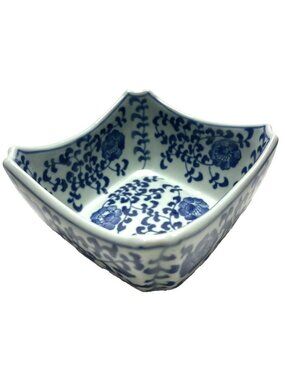 Chow Chow Asian Ceramic Soup Food Rice Bowl Square Blue White